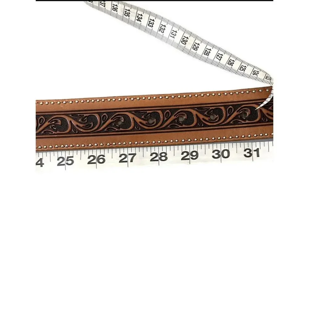 Justin Women's Belt Western Leather Vintage Unisex Sz  28-30 TAN Brown Tooled